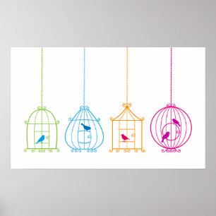 Póster Birdcages coloridos del vintage con los pájaros