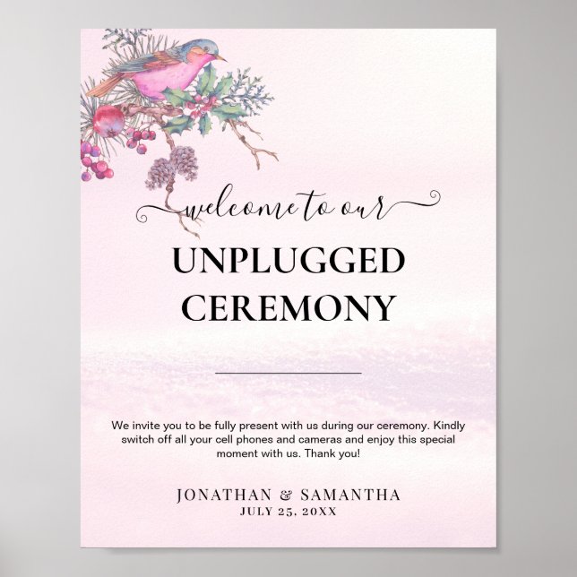 Póster Birds & Berries Pinecone Watercolor Winter Wedding (Frente)