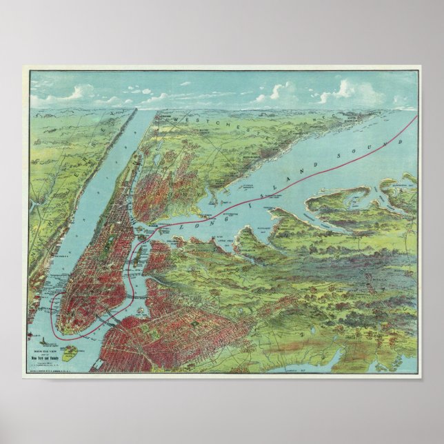 Póster Birds Eye View Map De Nueva York Y Sus Alrededores (Frente)