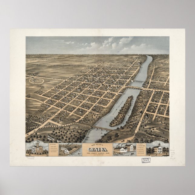 Póster Bird's Eye View of Geneva, Illinois (1869) (Frente)