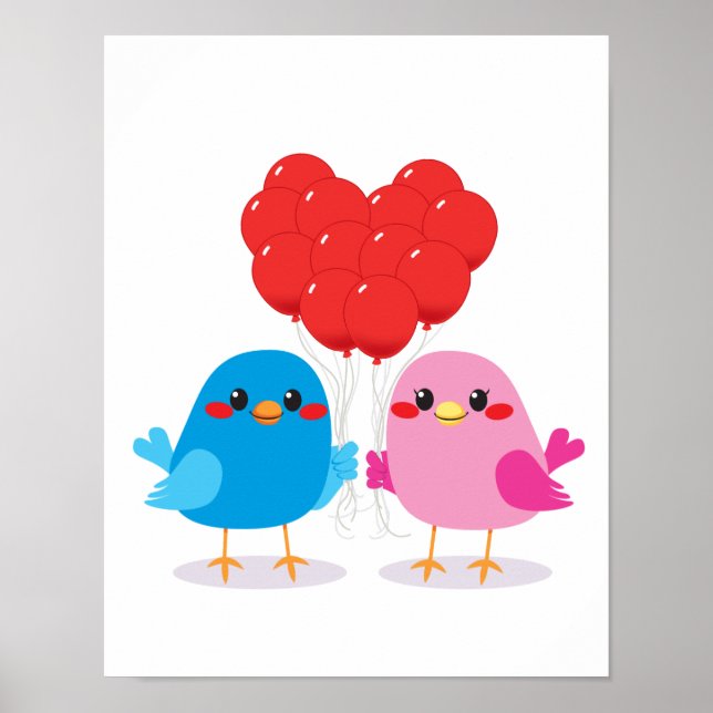 Póster Birds Love Heart Balloons (Frente)