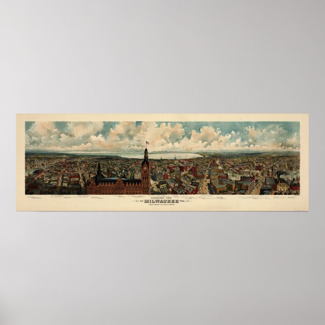 Póster Birdseye Panorama de Milwaukee (1898) Reprint (Frente)