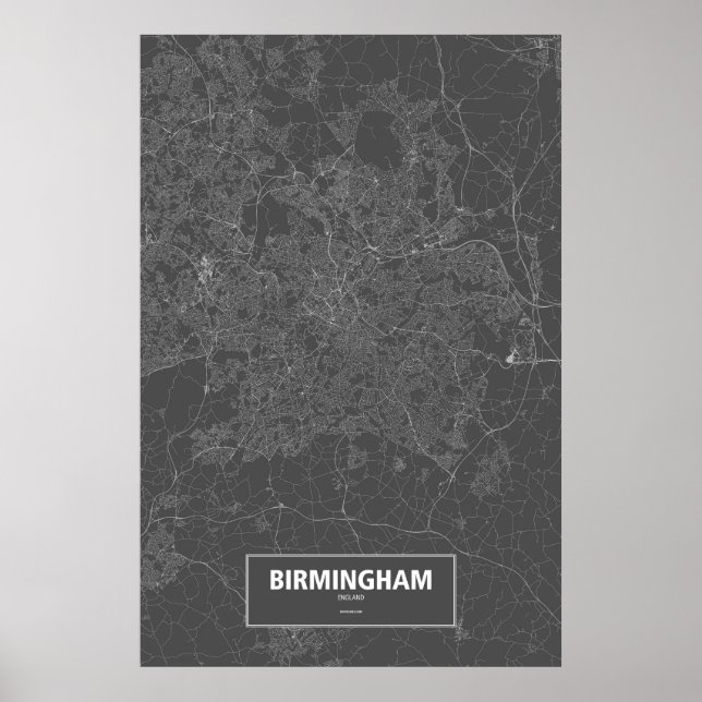 Póster Birmingham, Inglaterra (blanco sobre negro) (Frente)