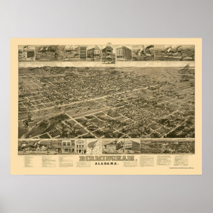Póster Birmingham, Mapa Panorámico AL - 1885