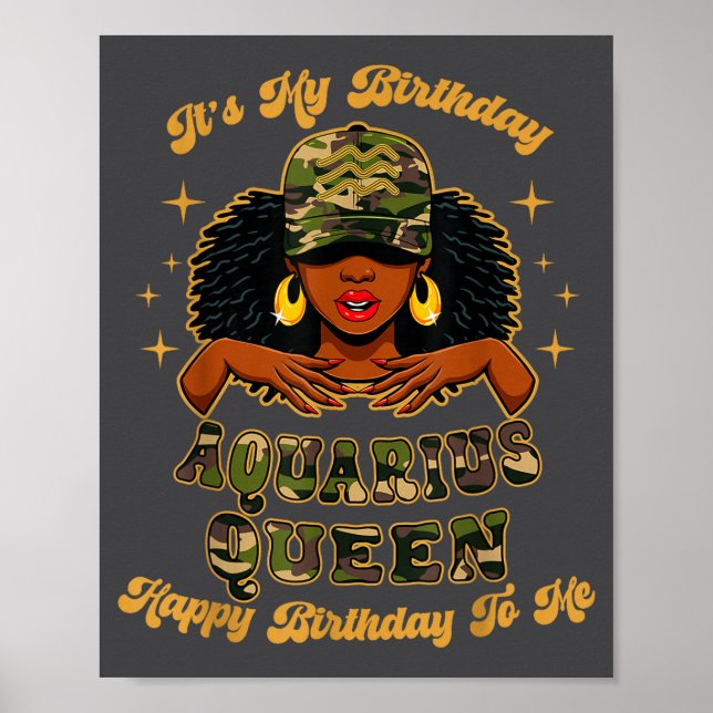 Póster Birthday Aquarius Queen Camo Black Woman African Z (Frente)