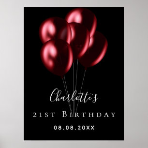 Póster Birthday black red balloons name welcome