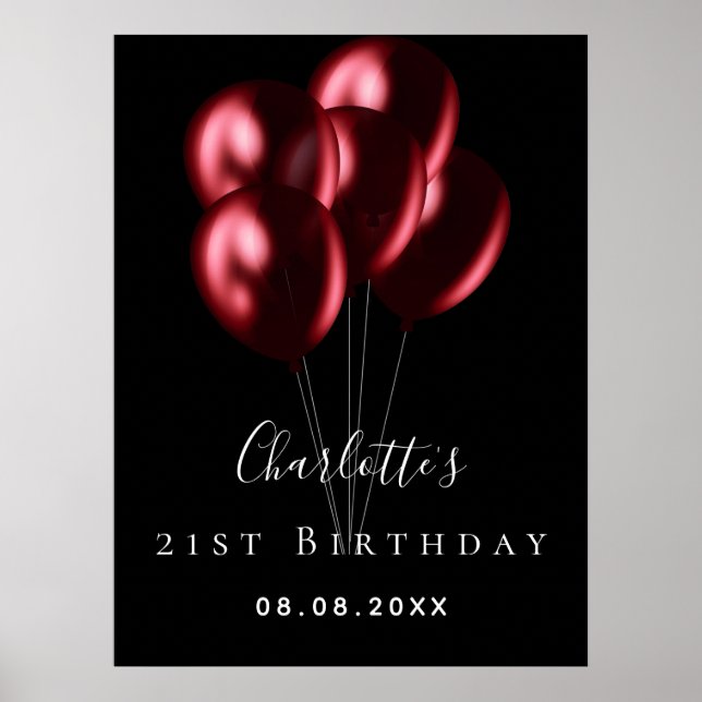 Póster Birthday black red balloons name welcome (Frente)