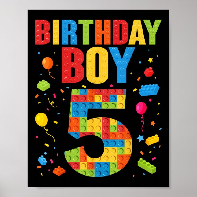 Póster Birthday Boy 5 Year Old Building Blocks 5th Birthd (Frente)