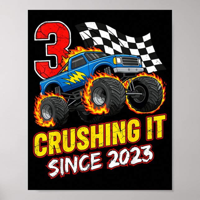 Póster Birthday Monster Truck 3 Year Old Boys 3rd Party B (Frente)