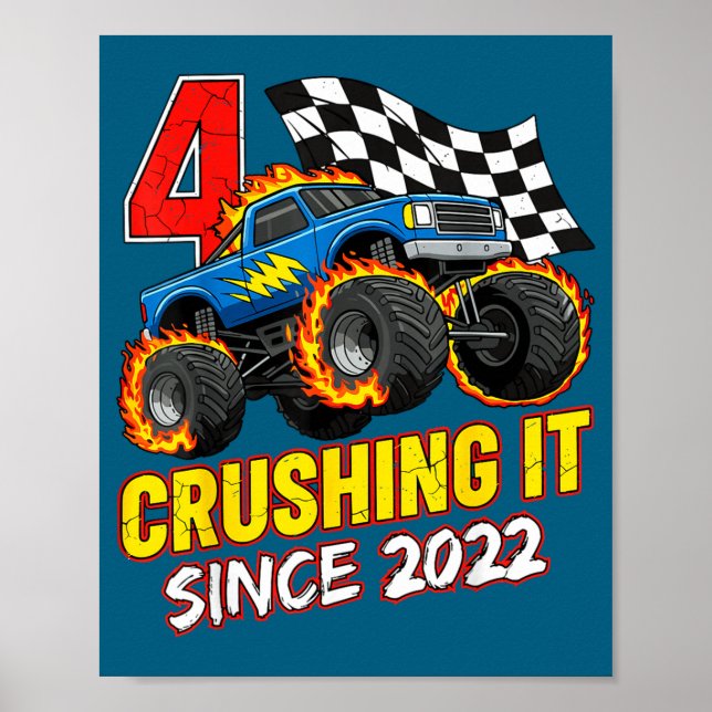 Póster Birthday Monster Truck 4 Year Old Boys 4th Party B (Frente)