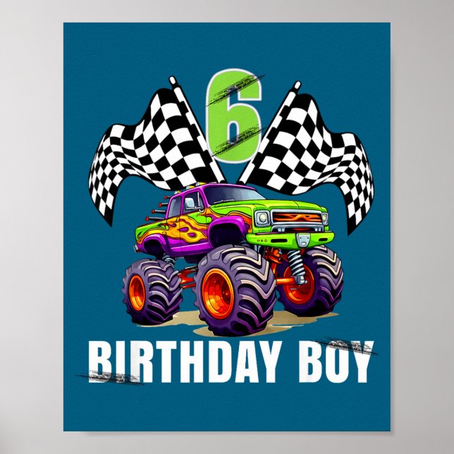 Póster Birthday Monster Truck 6 Year Old Boys 6th Party  (Frente)