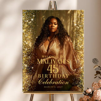 Póster Birthday party gold confetti photo welcome