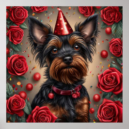 Póster Birthday Yorkshire Terrier Vestido Gorra Fiesta