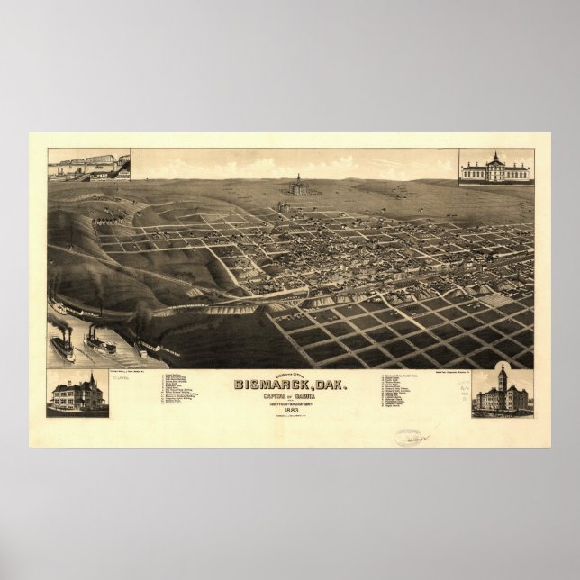 Póster Bismarck North Dakota 1883 Mapa Panorámico de Anti (Frente)