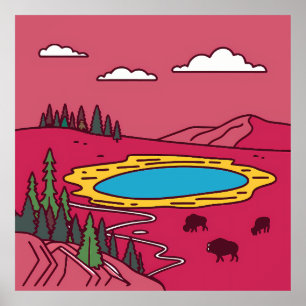Póster Bison Graze by Geothermal Pool in Yellowstone