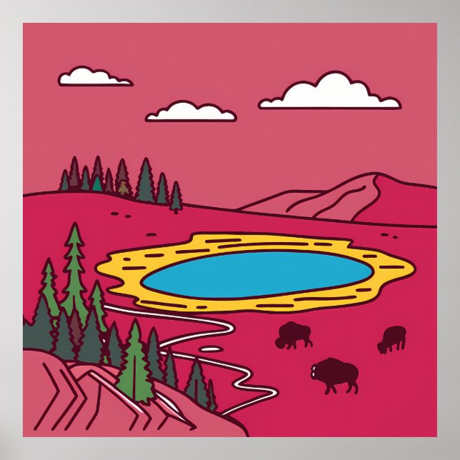 Póster Bison Graze by Geothermal Pool in Yellowstone (Frente)