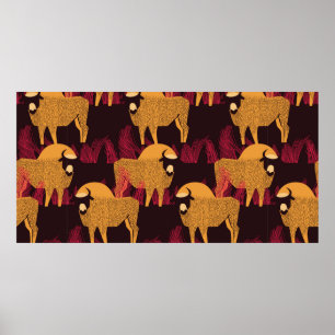 Póster Bison in a field in high grass seamless pattern
