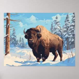 Póster Bison in Snowy Forest - Ai Postcard