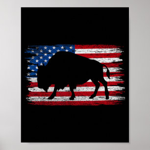 Póster Bison Retro Patriótico Búfalo Bandera Americana