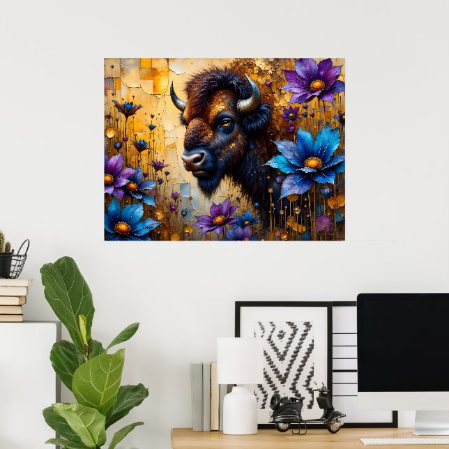 Póster Bisonte Americano en retrato de flor texturizada (Oficina en casa)