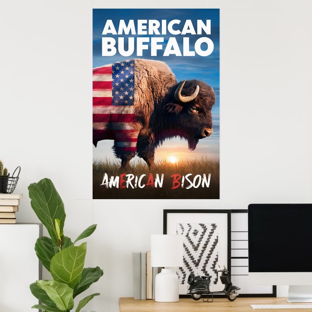 Póster Bisonte estadounidense en un campo (Oficina en casa)