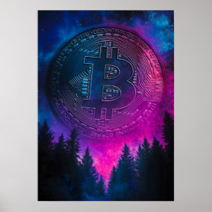 Póster Bitcoin espacio de galaxia criptográfica púrpura