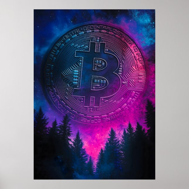 Póster Bitcoin espacio de galaxia criptográfica púrpura (Frente)