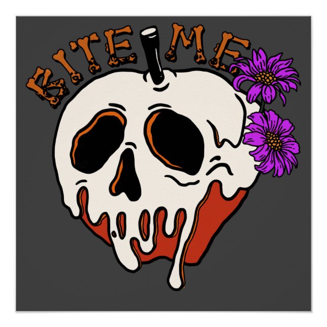Póster Bite Me - Halloween Skull Poison Apple y Flores (Anverso)