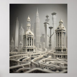 Póster Bizarre Resumen Gris Monocromático Ciudad Surreali