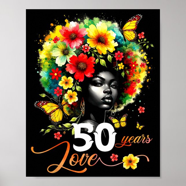 Póster Black Afro Queen 50 Years Love 50th Birthday Butte (Frente)