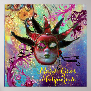 Póster BLACK AND RED JESTER MASK IN BLUE Masquerade Party