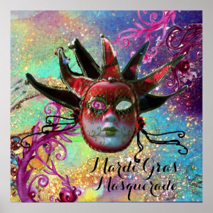 Póster BLACK AND RED JESTER MASK IN BLUE Masquerade Party