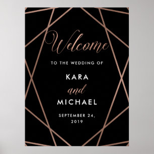 Póster Black and Rose Gold Diamond Wedding Welcome