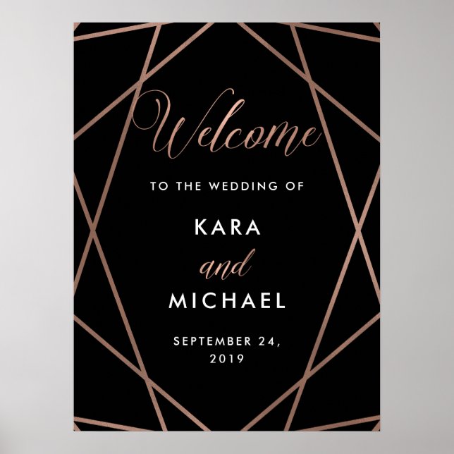 Póster Black and Rose Gold Diamond Wedding Welcome (Frente)