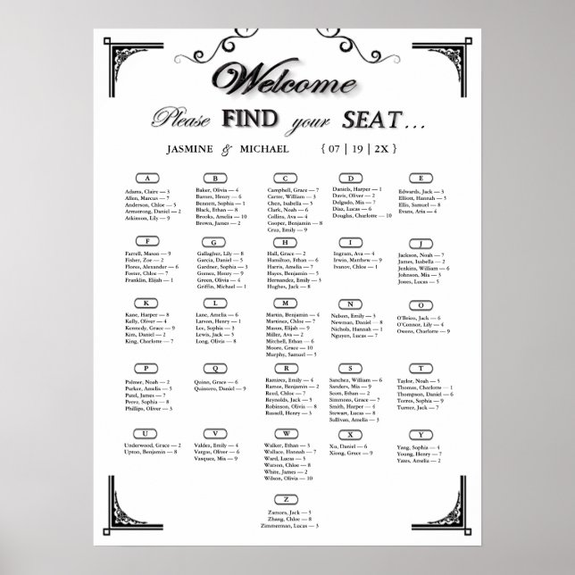 Póster Black and White Alphabetical Wedding Seating Chart (Frente)