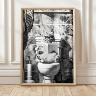 Póster Black and White Bathroom Cat Print, Funny Posters,