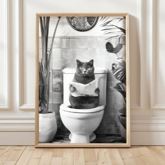 Póster Black and White Bathroom Cat Print, Funny Posters,