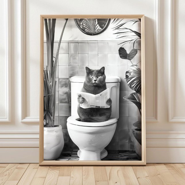 Póster Black and White Bathroom Cat Print, Funny Posters, (Subido por el creador)