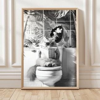 Póster Black and White Bathroom Cat Print, Funny Posters,