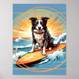Póster Black and White Border Collie Surfing