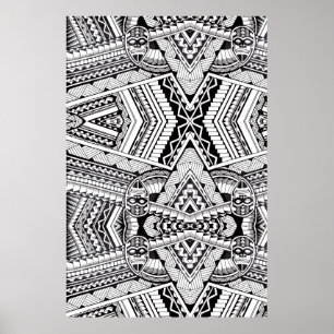 Póster Black and White Geometric Mandala Tribal Pattern