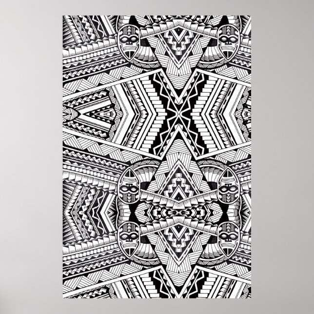 Póster Black and White Geometric Mandala Tribal Pattern (Frente)