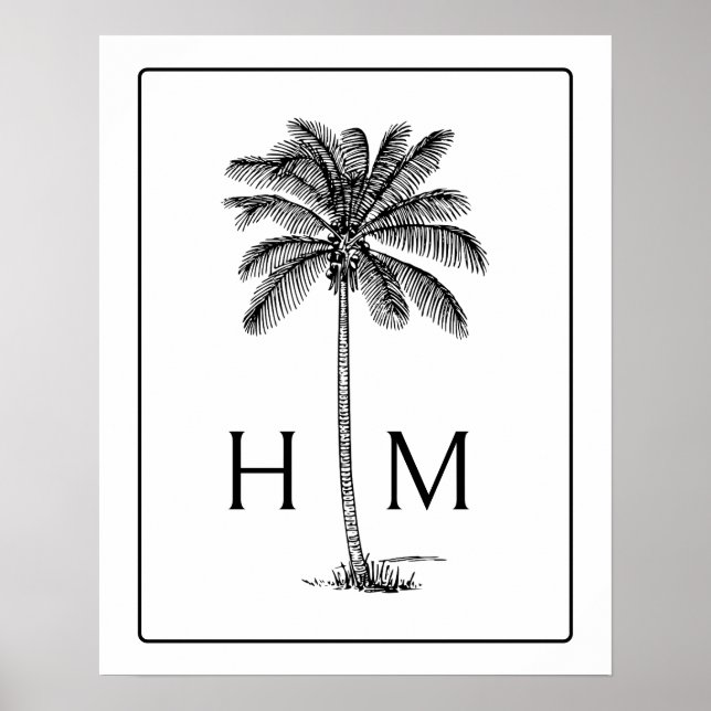 Póster Black and White Palm Palmetto Tree Monogram (Frente)