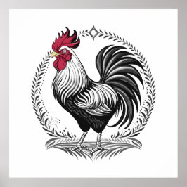Póster Black and white rooster