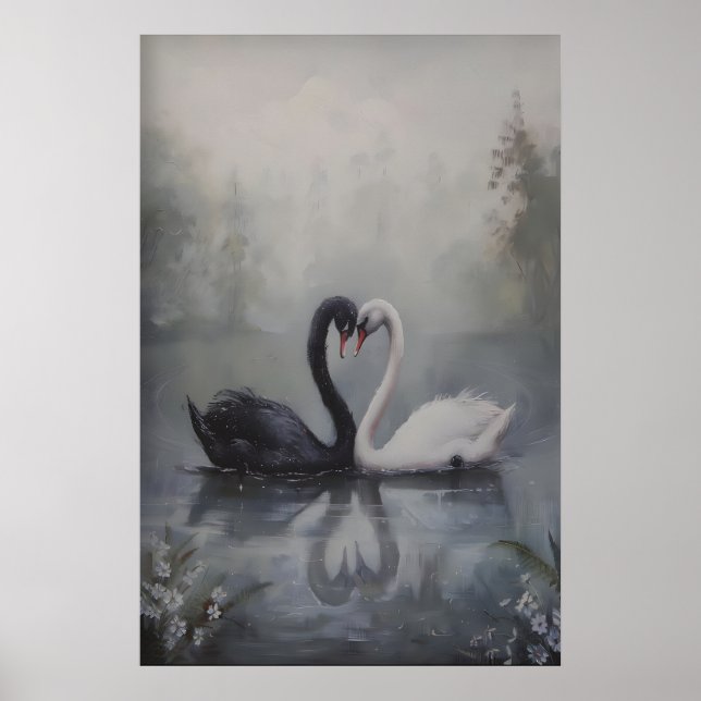 Póster Black and White Swans in Misty Lake Dark (Frente)