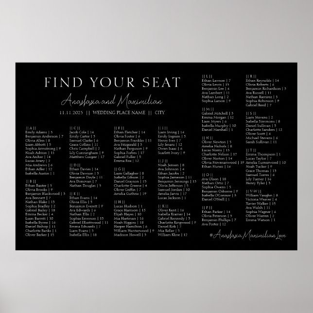 Póster Black and White Wedding Alphabetical Seating Chart (Frente)