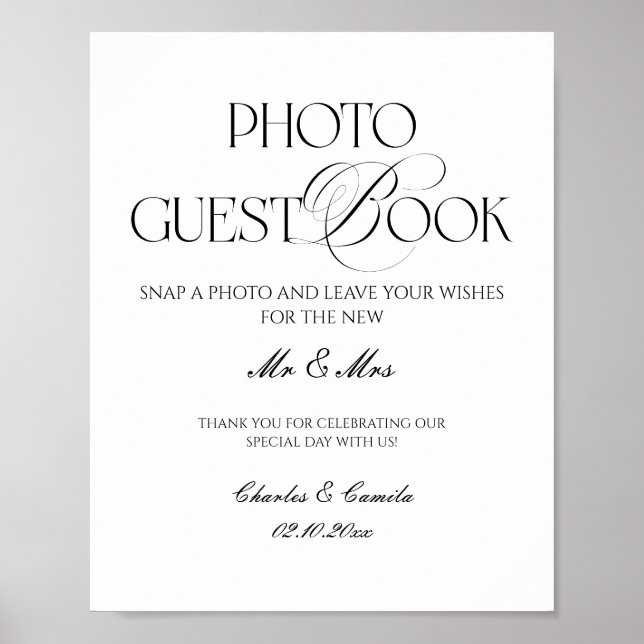 Póster Black and White Wedding Photo Guest Book Poster (Frente)