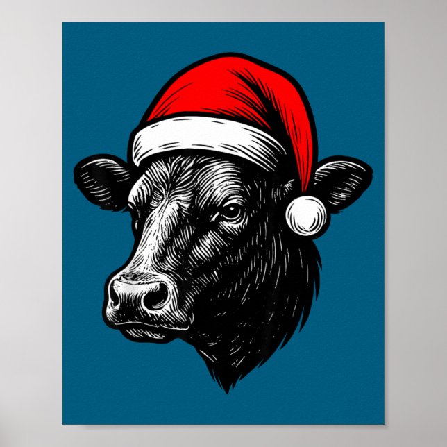 Póster Black Angus Rancher Christmas Cow Santa Hat Farmer (Frente)