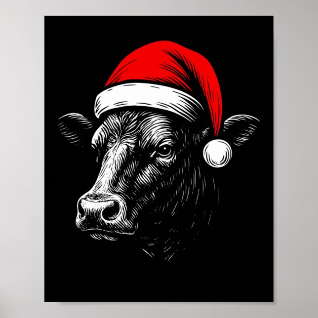 Póster Black Angus Rancher Christmas Cow Santa Hat Farmer (Frente)