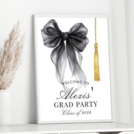 Póster Black Bow Coquette Graduation Party Welcome sign